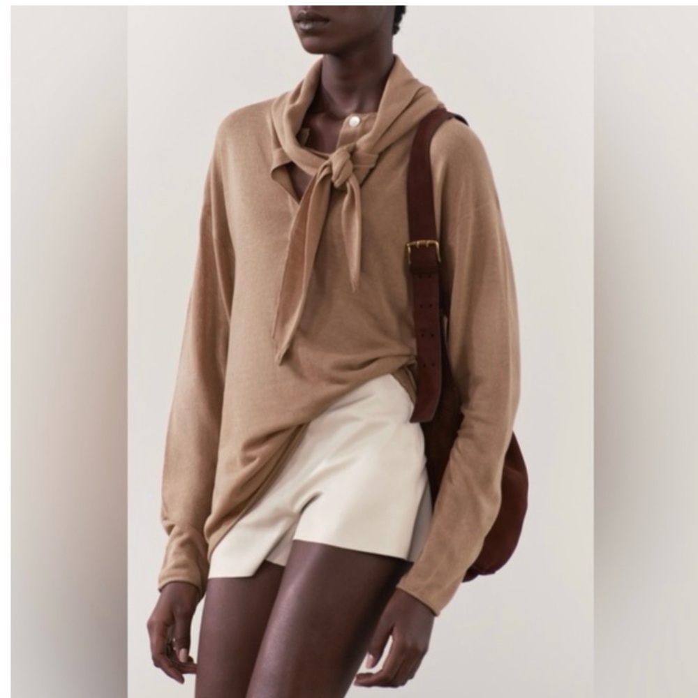Zara Scarf Sweater Linen Blend Camel Henley Button Oversized Quiet Luxury Large